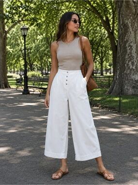 DKNY White High-Waist Wide Leg Button-Front Pants Sz 8.   P15